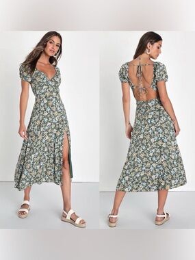Lulu's Sage Floral Open-Back Midi Dress